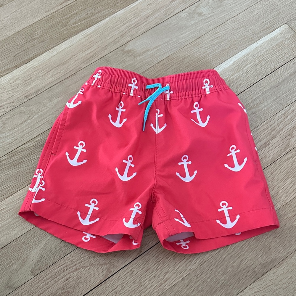 Crewcuts Pink Anchor Print Swim Trunks with Turquoise Drawstring